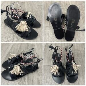 NWT! Antik Batik x Johnny Was Womens Youri Black Leather Ankle Wrap Sandal